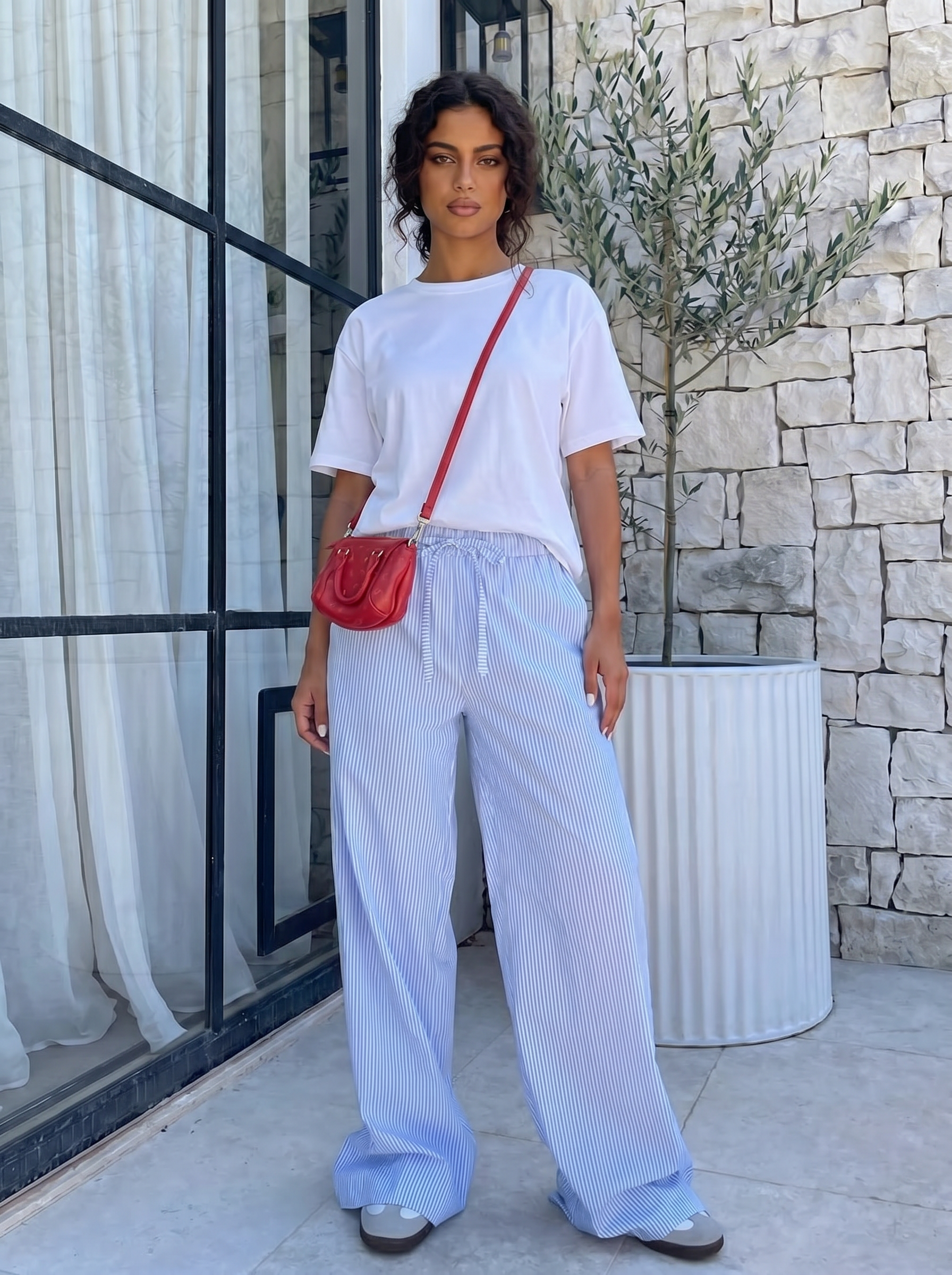 SET TSHIRT COTON OVERSIZED + PANTALON À RAYURES BLEU